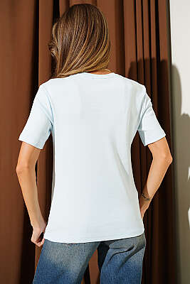 V Yaka Detaylı Basic T-shirt Buz Mavisi - Kadın Spor T-shirt