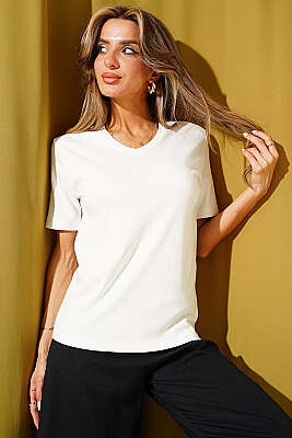 V Yaka Detaylı Basic T-shirt Ekru 