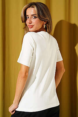 V Yaka Detaylı Basic T-shirt Ekru - Kadın Spor T-shirt