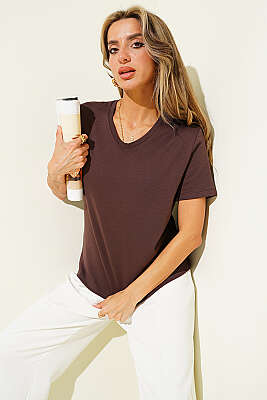 V Yaka Detaylı Basic T-shirt Kahve - Kadın Spor T-shirt