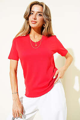 V Yaka Detaylı Basic T-shirt Kırmızı - Kadın Uzun T-shirt