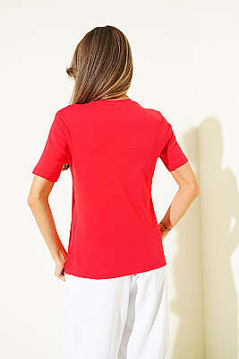 V Yaka Detaylı Basic T-shirt Kırmızı - Kadın Uzun T-shirt