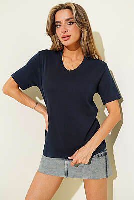 V Yaka Detaylı Basic T-shirt Lacivert - Kadın Spor T-shirt