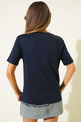 V Yaka Detaylı Basic T-shirt Lacivert - Kadın Spor T-shirt