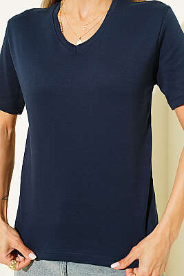 V Yaka Detaylı Basic T-shirt Lacivert - Kadın Spor T-shirt