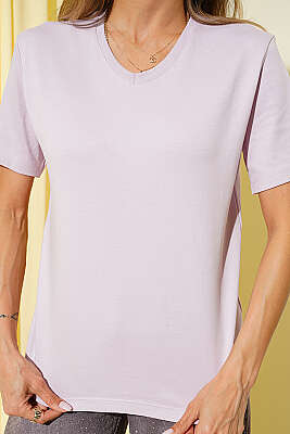V Yaka Detaylı Basic T-shirt Lila - Kadın Spor T-shirt