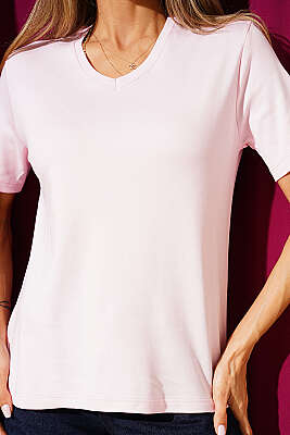 V Yaka Detaylı Basic T-shirt Pembe - Kadın Spor T-shirt