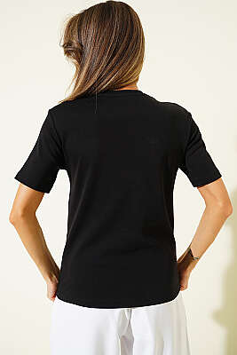V Yaka Detaylı Basic T-shirt Siyah - Kadın Spor T-shirt
