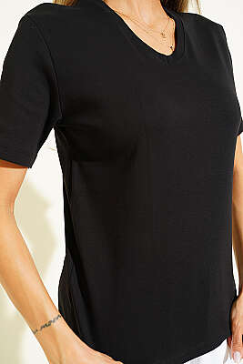 V Yaka Detaylı Basic T-shirt Siyah - Kadın Spor T-shirt