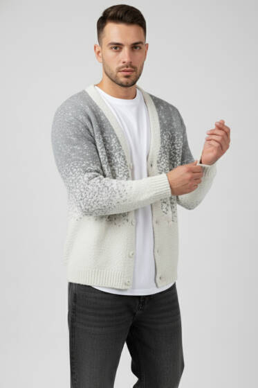 V Yaka Düğmeli Erkek Triko Hırka Kemik - Erkek Hırka