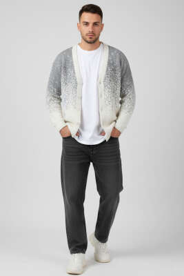 V Yaka Düğmeli Erkek Triko Hırka Kemik - Erkek Hırka