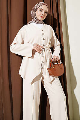 V Yaka Düğmeli İkili Takım Bej - İkili Takım