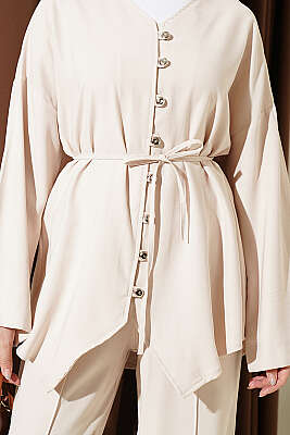 V Yaka Düğmeli İkili Takım Bej - İkili Takım