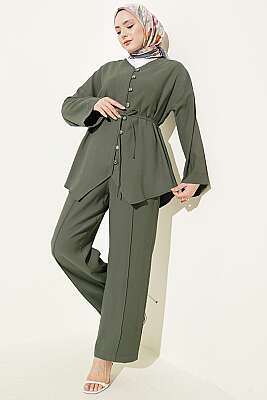 V Yaka Düğmeli İkili Takım Haki - BERAT TEKSTİL