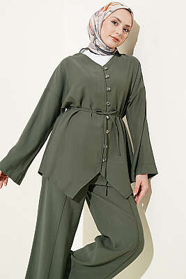 V Yaka Düğmeli İkili Takım Haki - İkili Takım