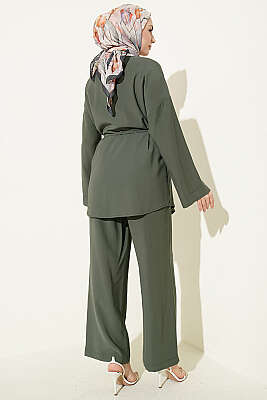 V Yaka Düğmeli İkili Takım Haki - İkili Takım