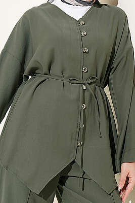 V Yaka Düğmeli İkili Takım Haki - İkili Takım