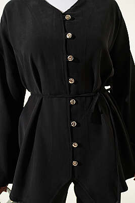 V Yaka Düğmeli İkili Takım Siyah - İkili Takım