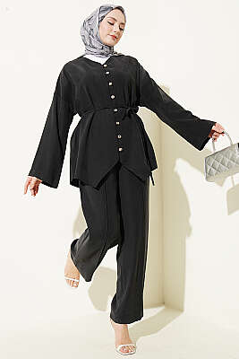 V Yaka Düğmeli İkili Takım Siyah - BERAT TEKSTİL