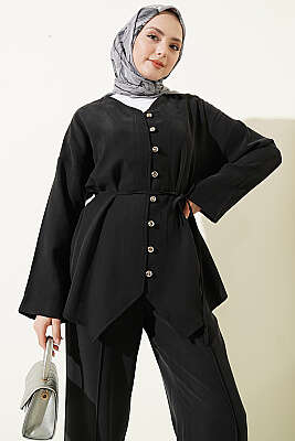 V Yaka Düğmeli İkili Takım Siyah - İkili Takım