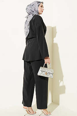 V Yaka Düğmeli İkili Takım Siyah - İkili Takım