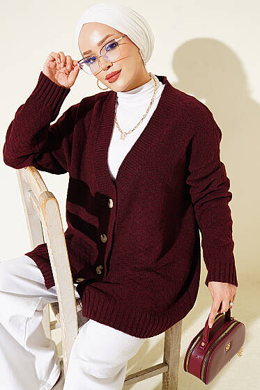 V Yaka Düğmeli Oversize Triko Hırka Bordo - Hırka