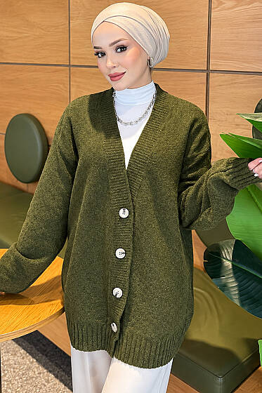 V Yaka Düğmeli Oversize Triko Hırka Haki - Hırka