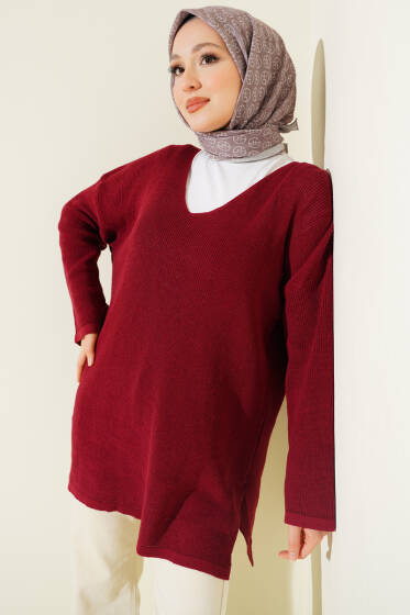 V Yaka Düz Triko Tunik Bordo - Tunik