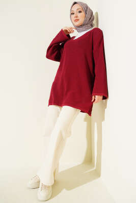 V Yaka Düz Triko Tunik Bordo - Tunik