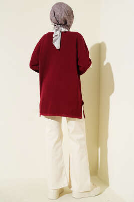V Yaka Düz Triko Tunik Bordo - Tunik