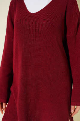 V Yaka Düz Triko Tunik Bordo - Tunik