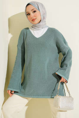 V Yaka Düz Triko Tunik Çağla Yeşili - RAFİMİX