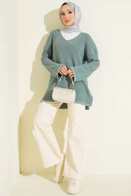 V Yaka Düz Triko Tunik Çağla Yeşili - Tunik