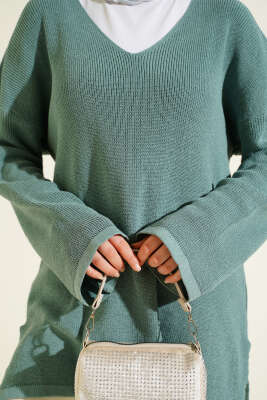 V Yaka Düz Triko Tunik Çağla Yeşili - Tunik