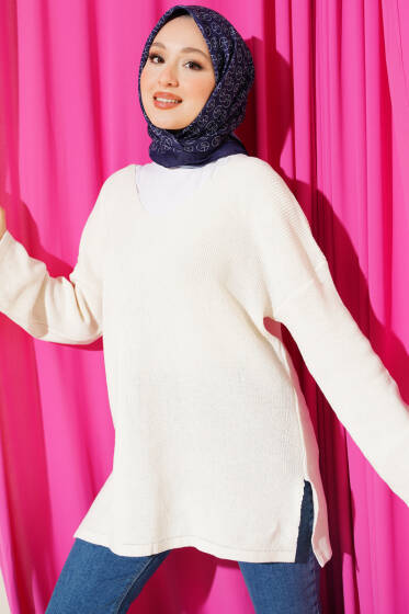 V Yaka Düz Triko Tunik Ekru - Tunik
