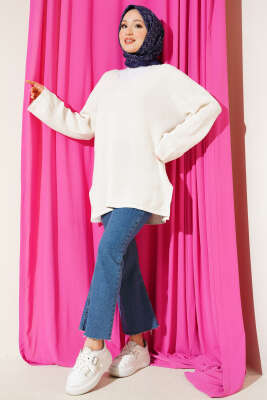 V Yaka Düz Triko Tunik Ekru - Yılın Fırsatı