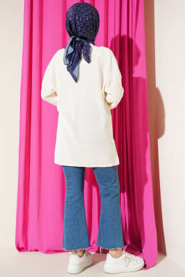 V Yaka Düz Triko Tunik Ekru - Yılın Fırsatı