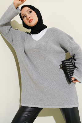 V Yaka Düz Triko Tunik Gri - RAFİMİX