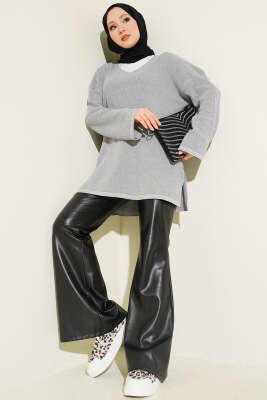 V Yaka Düz Triko Tunik Gri - Tunik