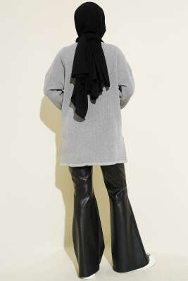 V Yaka Düz Triko Tunik Gri - Tunik