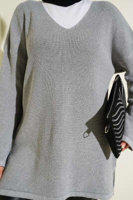 V Yaka Düz Triko Tunik Gri - Tunik