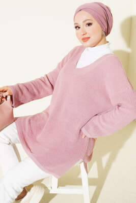 V Yaka Düz Triko Tunik Gül Kurusu - RAFİMİX