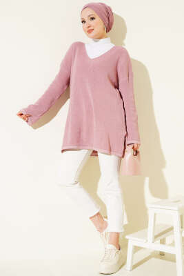 V Yaka Düz Triko Tunik Gül Kurusu - Tunik