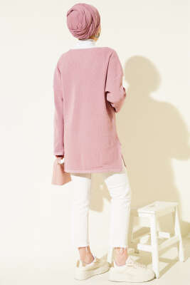 V Yaka Düz Triko Tunik Gül Kurusu - Tunik