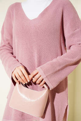 V Yaka Düz Triko Tunik Gül Kurusu - Tunik