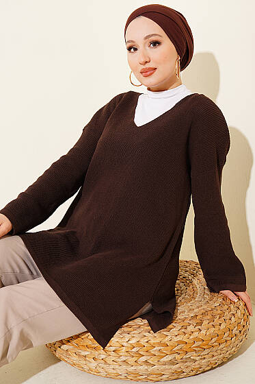 V Yaka Düz Triko Tunik Kahve - 100-300 TL Ürünler