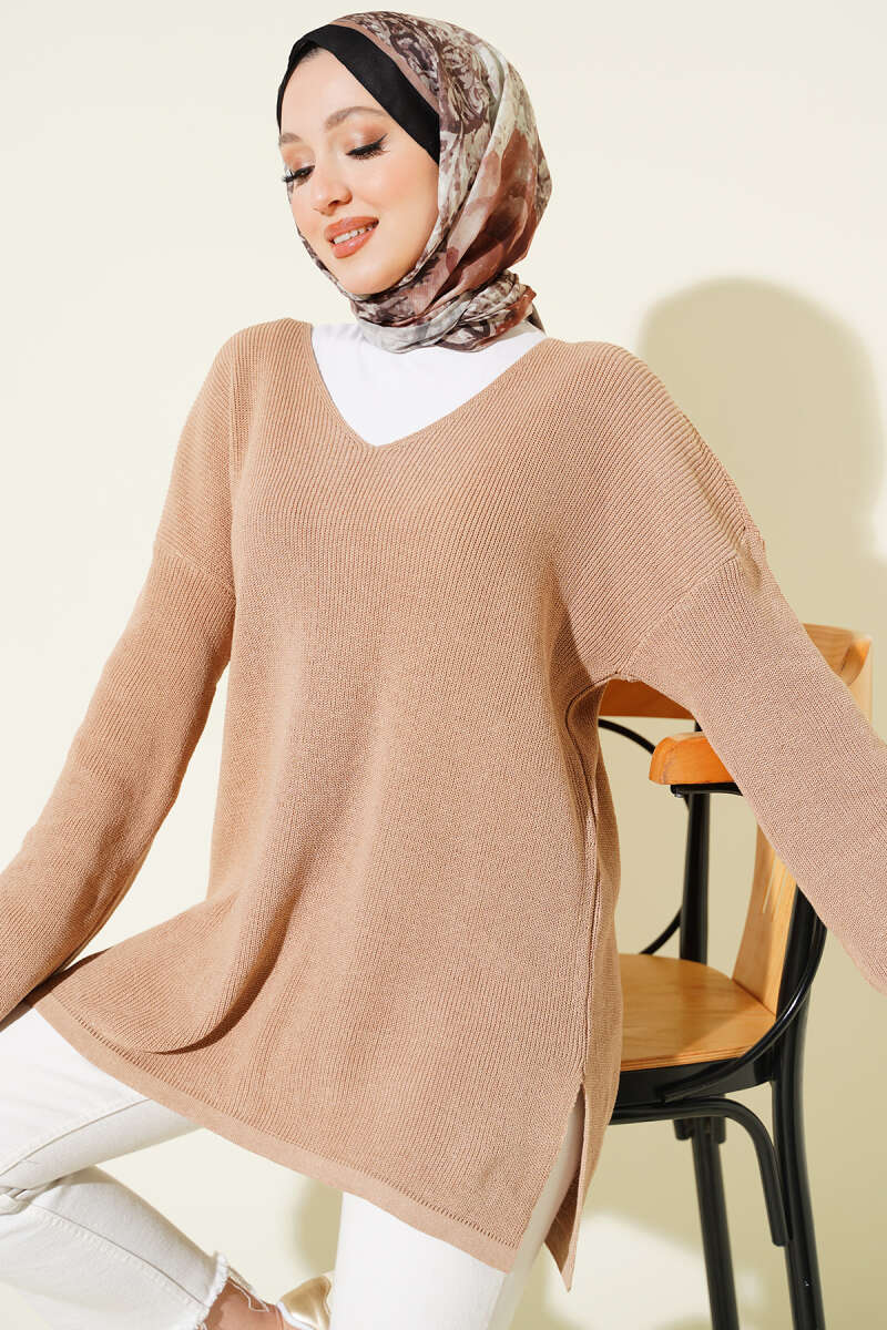 V Yaka Düz Triko Tunik Latte