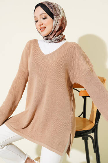 V Yaka Düz Triko Tunik Latte - Tunik