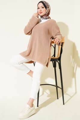 V Yaka Düz Triko Tunik Latte - Tunik