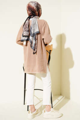 V Yaka Düz Triko Tunik Latte - Tunik